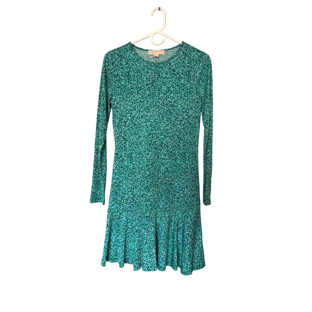 Michael Kors Rain Print Jersey Long Sleeve Drop Waist Flare Dress S Quiet Luxury